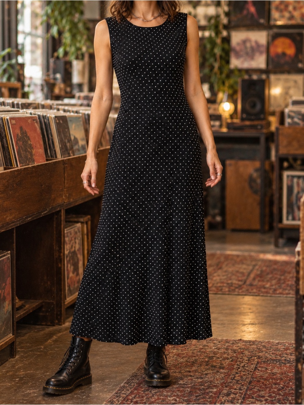 Vintage Ronni Nicole Black Textured Polka Dot Sleeveless Maxi Dress Size 8